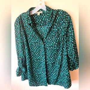 Dana Dutchman green patterned green blouse shirt button up size Large